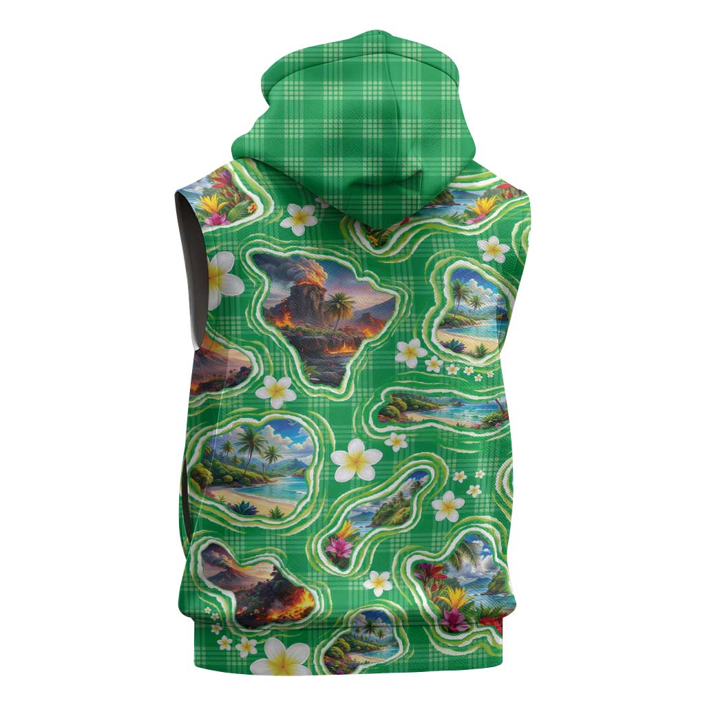 Hawaii Map with Plumeria Flower and Palaka Pattern Sleeveless Zip Hoodie Tropical Island Green Design LT03 - Polynesian Pride