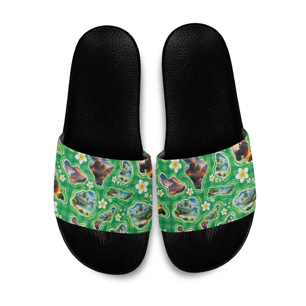 Hawaii Map with Plumeria Flower and Palaka Pattern Slide Sandals Tropical Island Green Design LT03 Green - Polynesian Pride