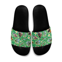 Hawaii Map with Plumeria Flower and Palaka Pattern Slide Sandals Tropical Island Green Design LT03 Green - Polynesian Pride