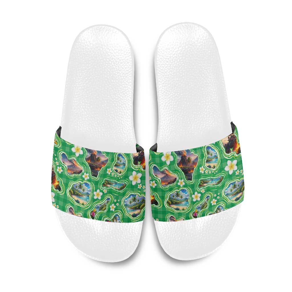 Hawaii Map with Plumeria Flower and Palaka Pattern Slide Sandals Tropical Island Green Design LT03 Green - Polynesian Pride