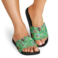 Hawaii Map with Plumeria Flower and Palaka Pattern Slide Sandals Tropical Island Green Design LT03 - Polynesian Pride