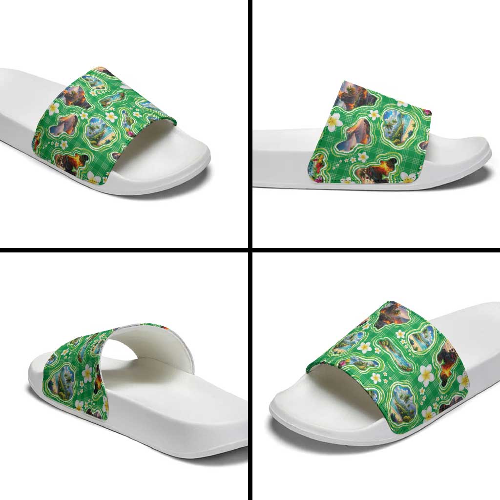 Hawaii Map with Plumeria Flower and Palaka Pattern Slide Sandals Tropical Island Green Design LT03 - Polynesian Pride