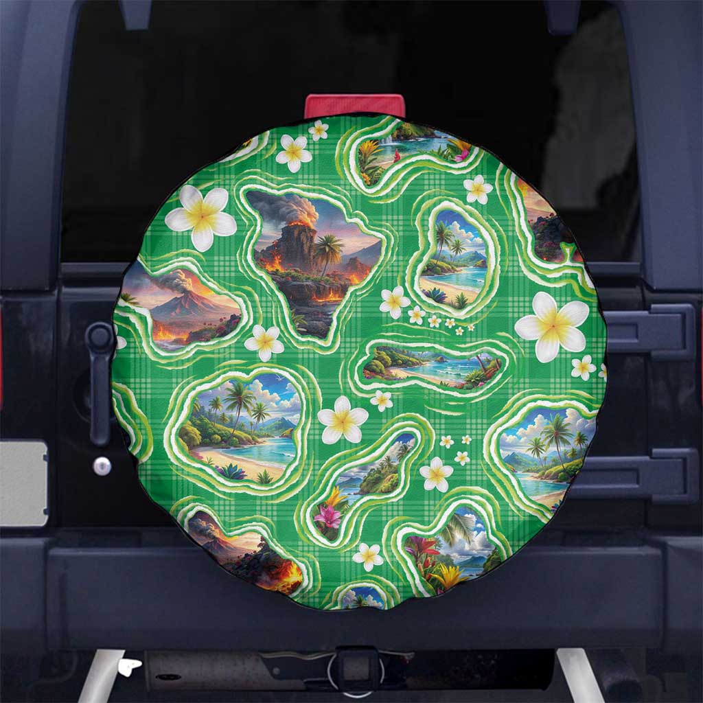 Hawaii Map with Plumeria Flower and Palaka Pattern Spare Tire Cover Tropical Island Green Design LT03 No hole Green - Polynesian Pride