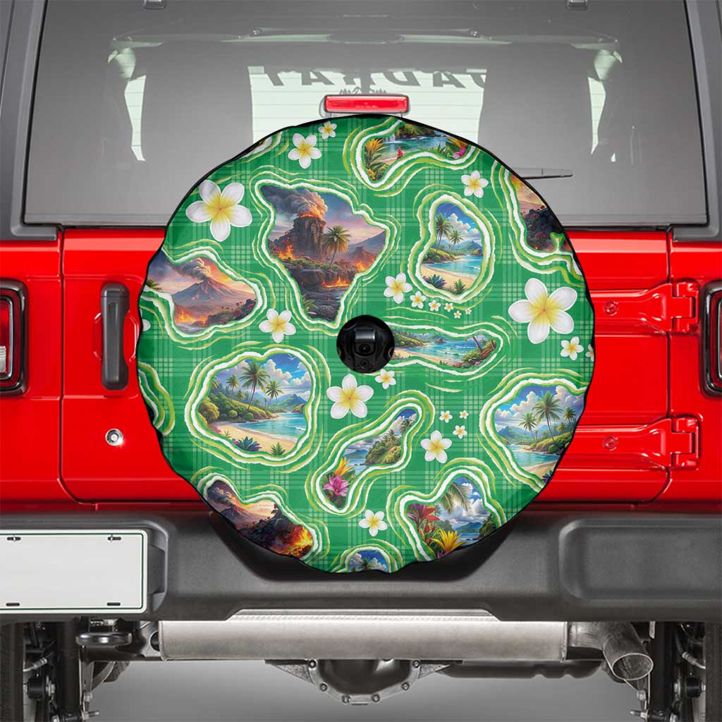 Hawaii Map with Plumeria Flower and Palaka Pattern Spare Tire Cover Tropical Island Green Design LT03 - Polynesian Pride