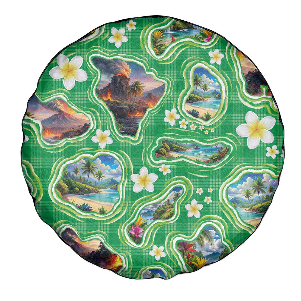 Hawaii Map with Plumeria Flower and Palaka Pattern Spare Tire Cover Tropical Island Green Design LT03 - Polynesian Pride