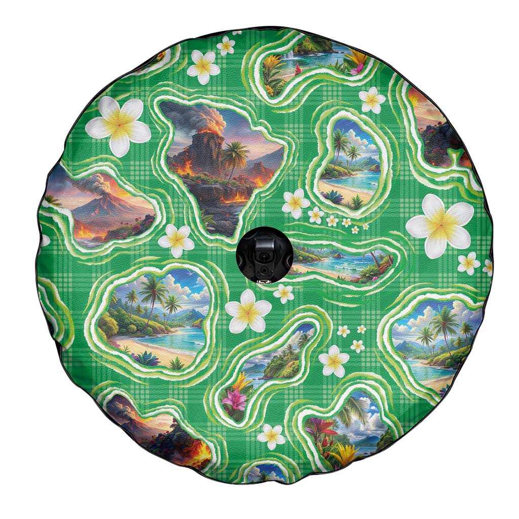 Hawaii Map with Plumeria Flower and Palaka Pattern Spare Tire Cover Tropical Island Green Design LT03 - Polynesian Pride