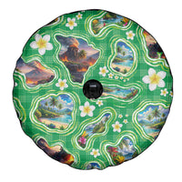 Hawaii Map with Plumeria Flower and Palaka Pattern Spare Tire Cover Tropical Island Green Design LT03 - Polynesian Pride