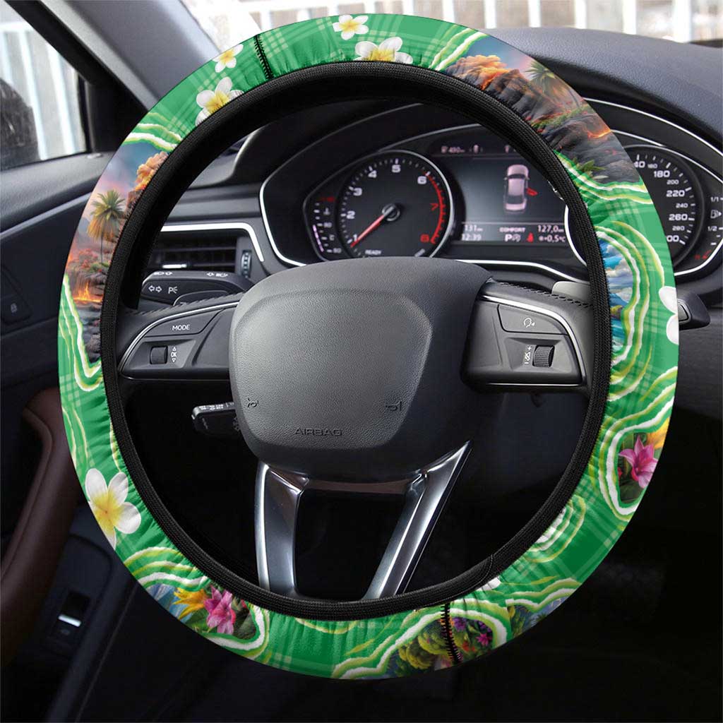 Hawaii Map with Plumeria Flower and Palaka Pattern Steering Wheel Cover Tropical Island Green Design LT03 - Polynesian Pride