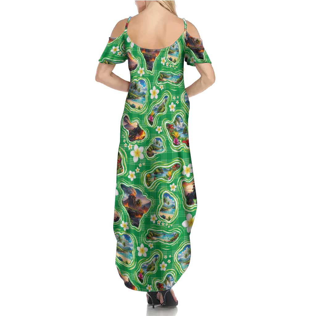 Hawaii Map with Plumeria Flower and Palaka Pattern Summer Maxi Dress Tropical Island Green Design LT03 - Polynesian Pride