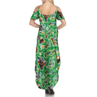 Hawaii Map with Plumeria Flower and Palaka Pattern Summer Maxi Dress Tropical Island Green Design LT03 - Polynesian Pride