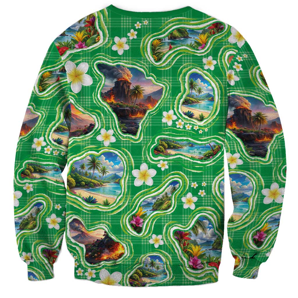 Hawaii Map with Plumeria Flower and Palaka Pattern Sweatshirt Tropical Island Green Design LT03 - Polynesian Pride
