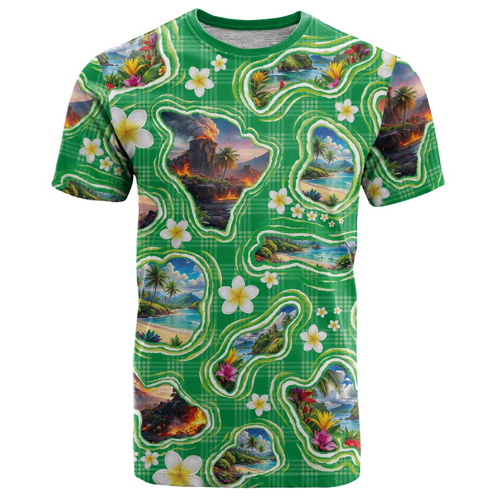 Hawaii Map with Plumeria Flower and Palaka Pattern T Shirt Tropical Island Green Design LT03 Green - Polynesian Pride