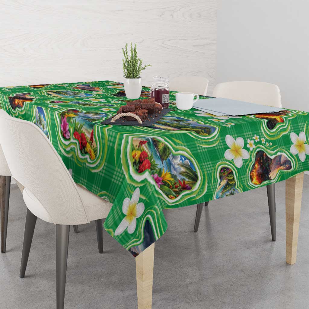 Hawaii Map with Plumeria Flower and Palaka Pattern Tablecloth Tropical Island Green Design LT03 - Polynesian Pride