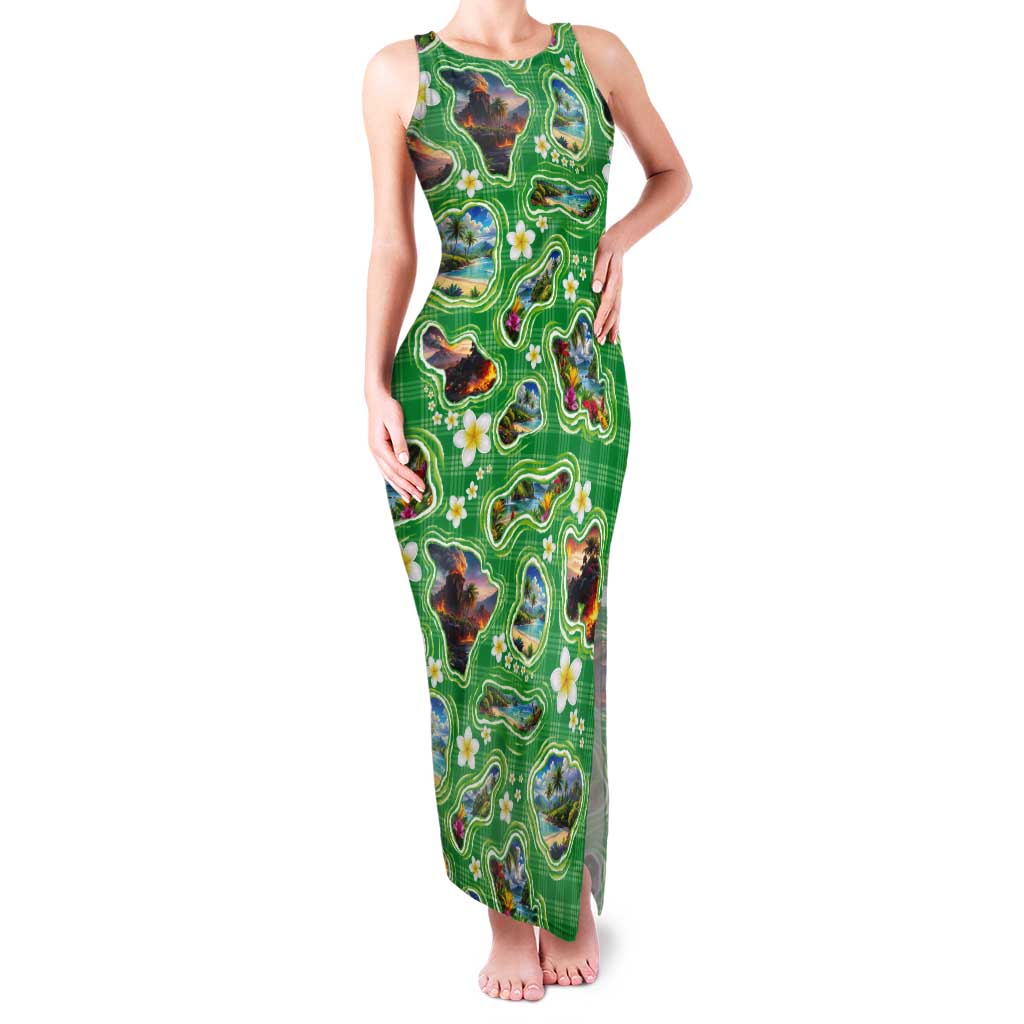 Hawaii Map with Plumeria Flower and Palaka Pattern Tank Maxi Dress Tropical Island Green Design LT03 Women Green - Polynesian Pride