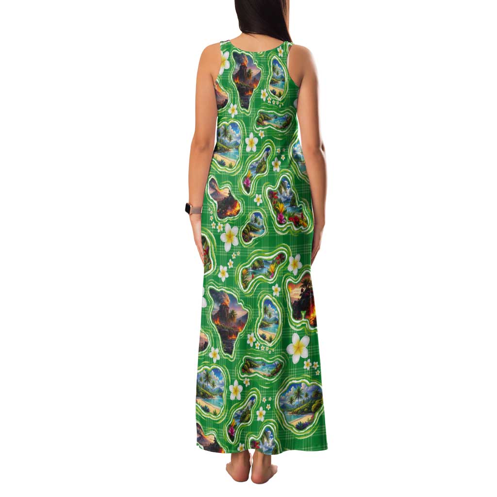 Hawaii Map with Plumeria Flower and Palaka Pattern Tank Maxi Dress Tropical Island Green Design LT03 - Polynesian Pride