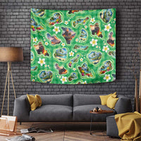 Hawaii Map with Plumeria Flower and Palaka Pattern Tapestry Tropical Island Green Design LT03 Green - Polynesian Pride