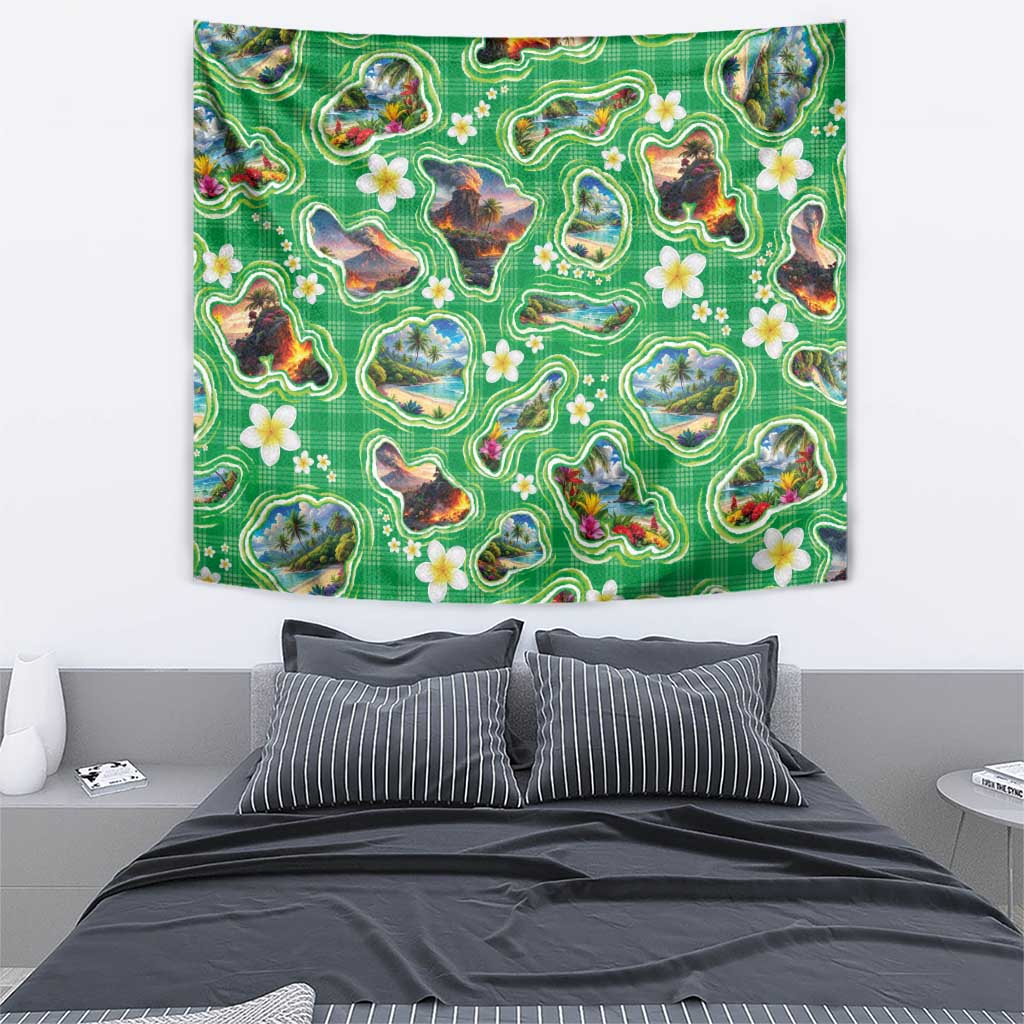 Hawaii Map with Plumeria Flower and Palaka Pattern Tapestry Tropical Island Green Design LT03 - Polynesian Pride