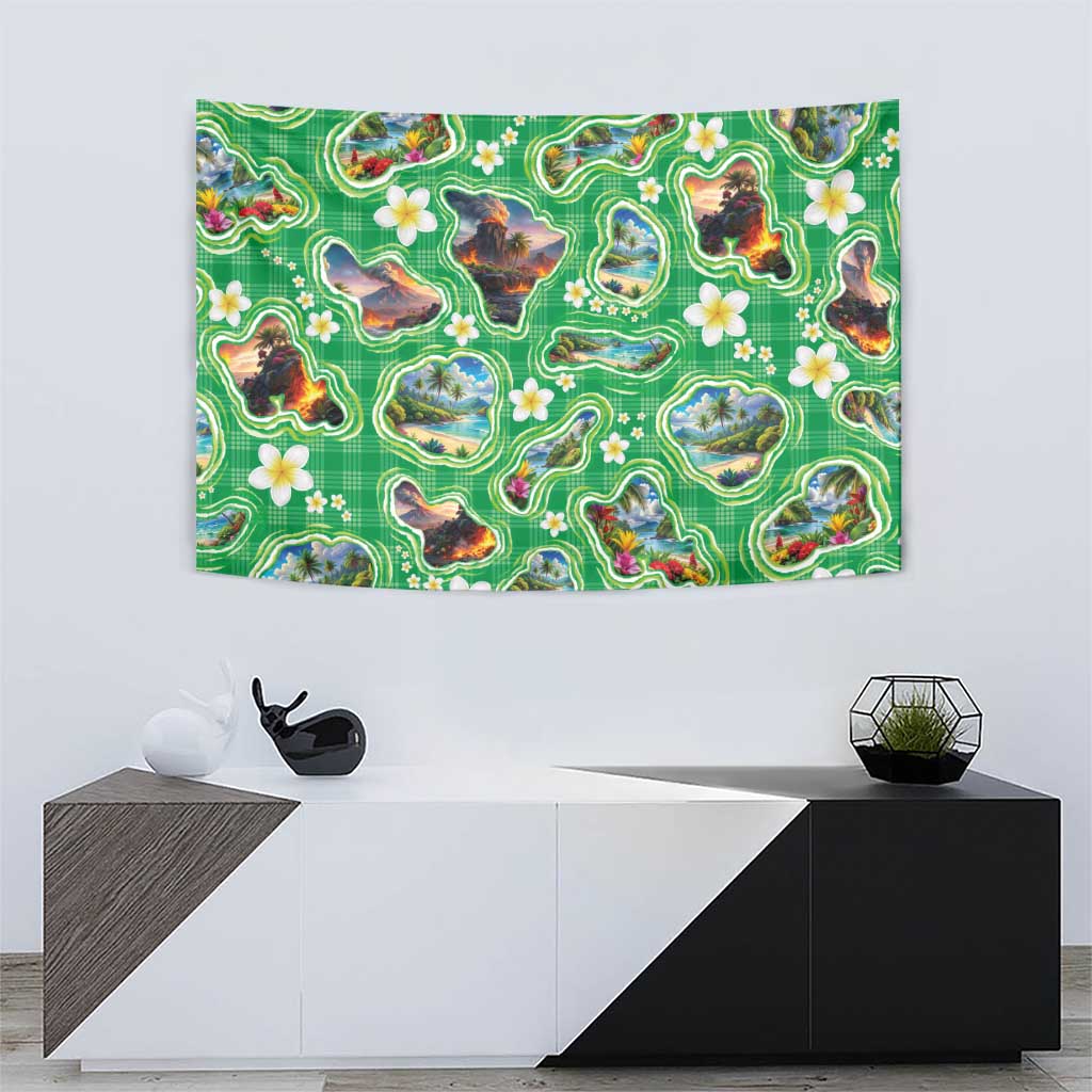 Hawaii Map with Plumeria Flower and Palaka Pattern Tapestry Tropical Island Green Design LT03 - Polynesian Pride