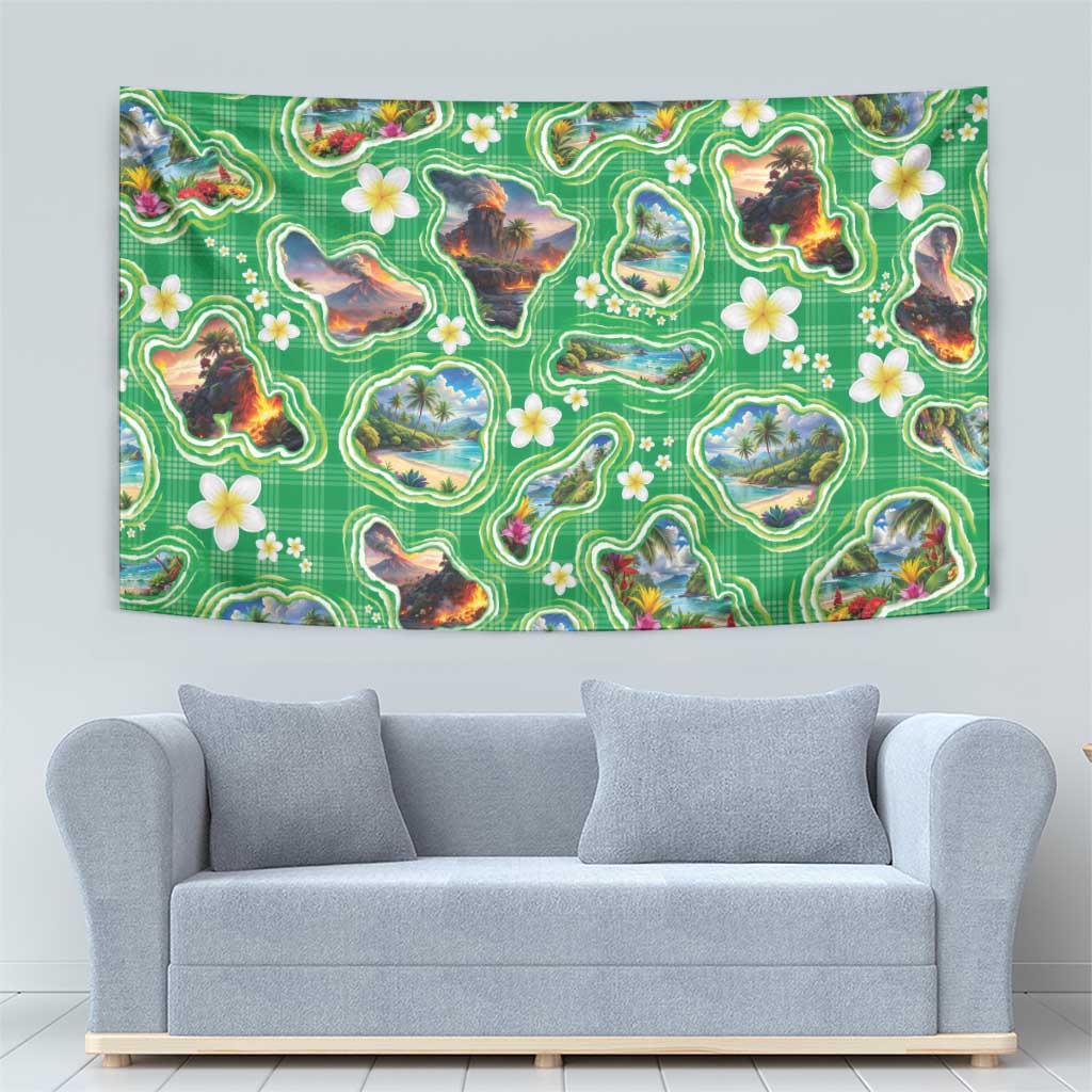 Hawaii Map with Plumeria Flower and Palaka Pattern Tapestry Tropical Island Green Design LT03 - Polynesian Pride