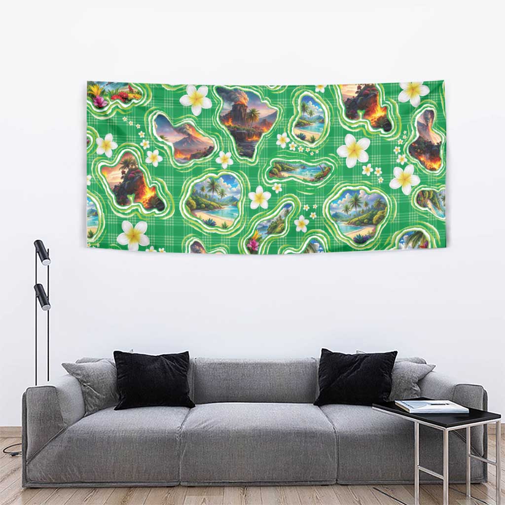Hawaii Map with Plumeria Flower and Palaka Pattern Tapestry Tropical Island Green Design LT03 - Polynesian Pride
