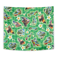 Hawaii Map with Plumeria Flower and Palaka Pattern Tapestry Tropical Island Green Design LT03 - Polynesian Pride