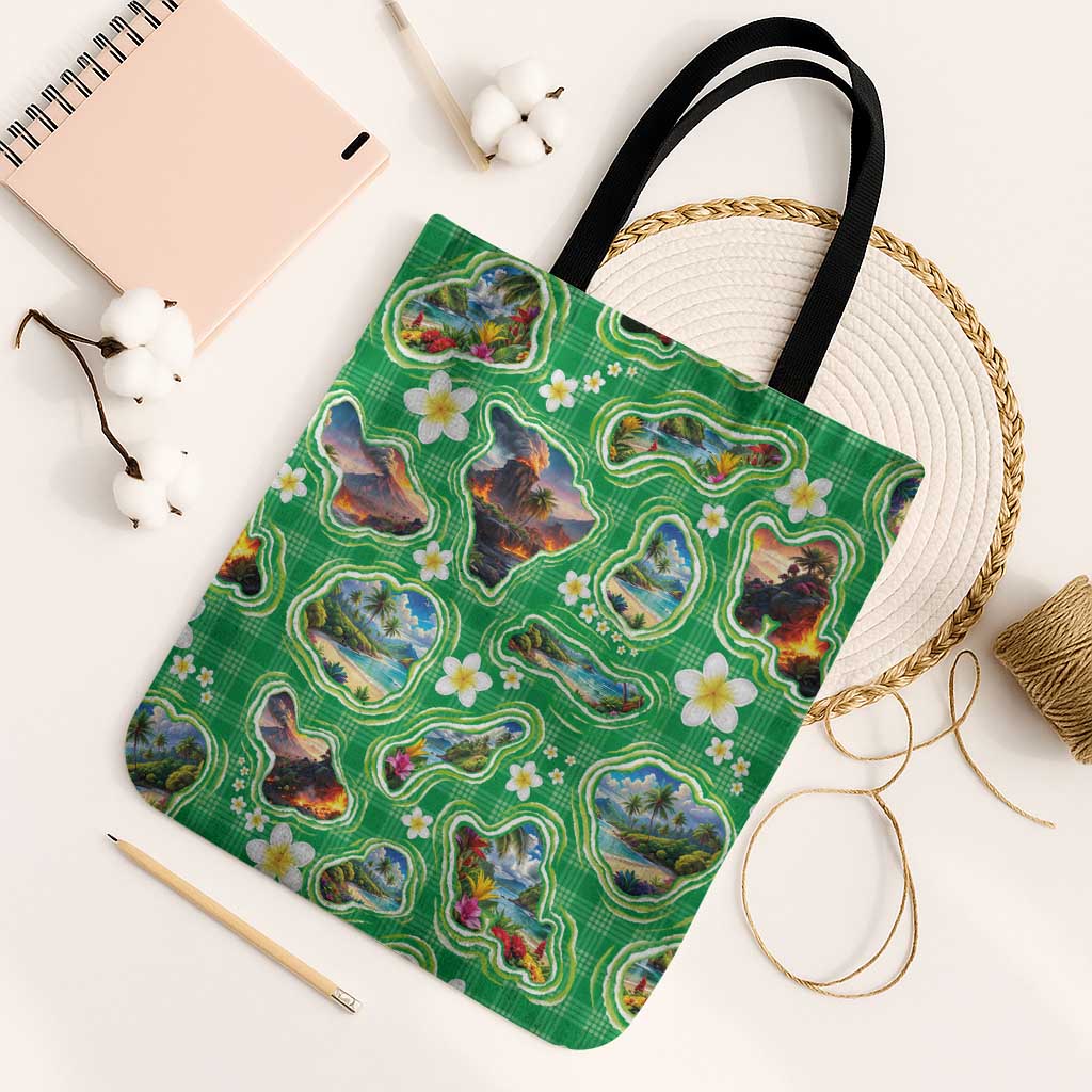 Hawaii Map with Plumeria Flower and Palaka Pattern Tote Bag Tropical Island Green Design LT03 Black Strap One Size Green - Polynesian Pride