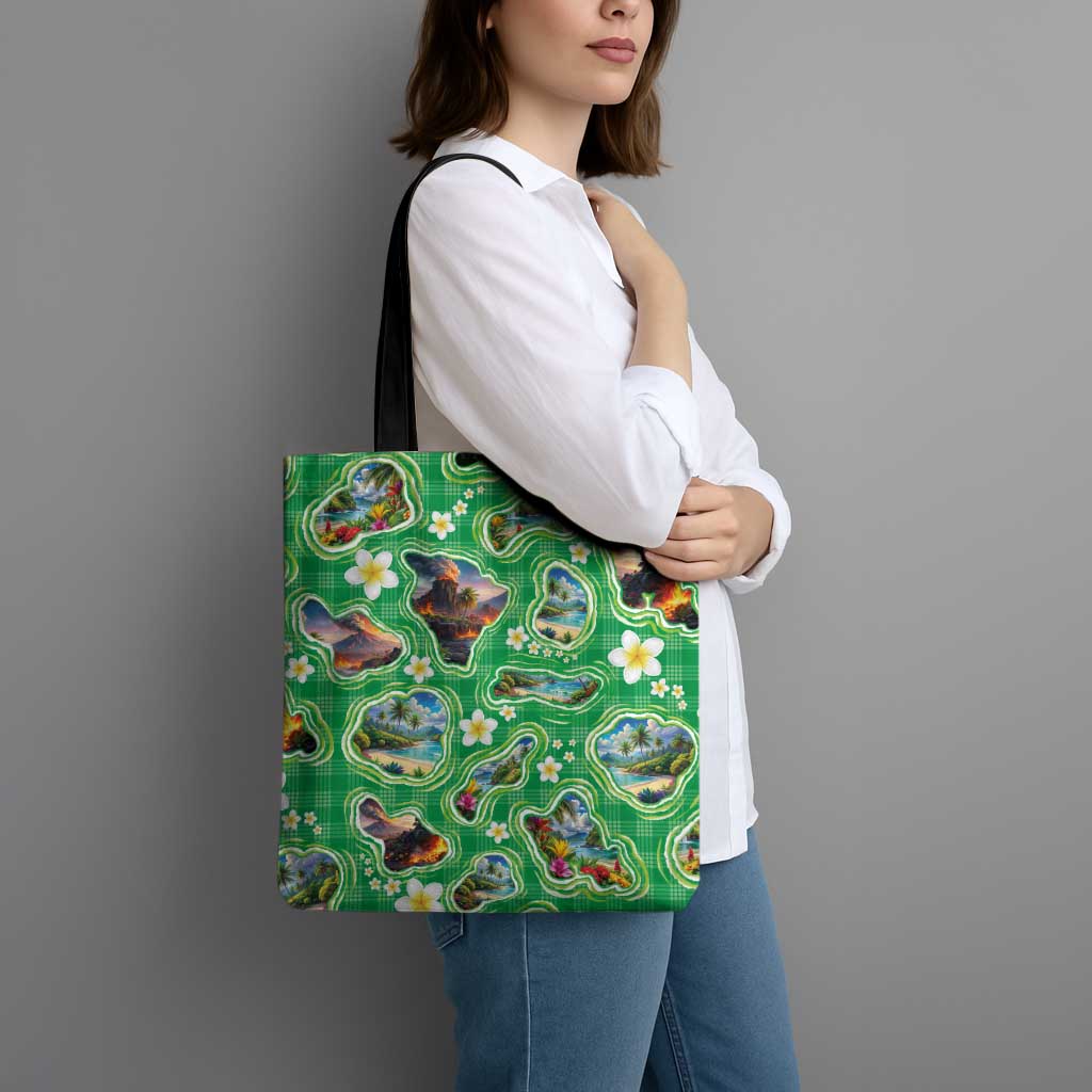 Hawaii Map with Plumeria Flower and Palaka Pattern Tote Bag Tropical Island Green Design LT03 - Polynesian Pride