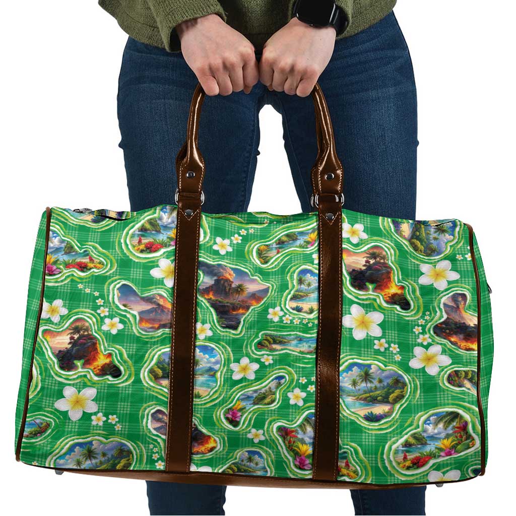 Hawaii Map with Plumeria Flower and Palaka Pattern Travel Bag Tropical Island Green Design LT03 Green - Polynesian Pride