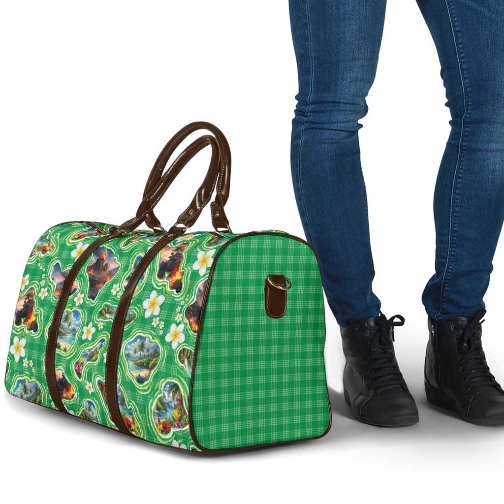 Hawaii Map with Plumeria Flower and Palaka Pattern Travel Bag Tropical Island Green Design LT03 - Polynesian Pride