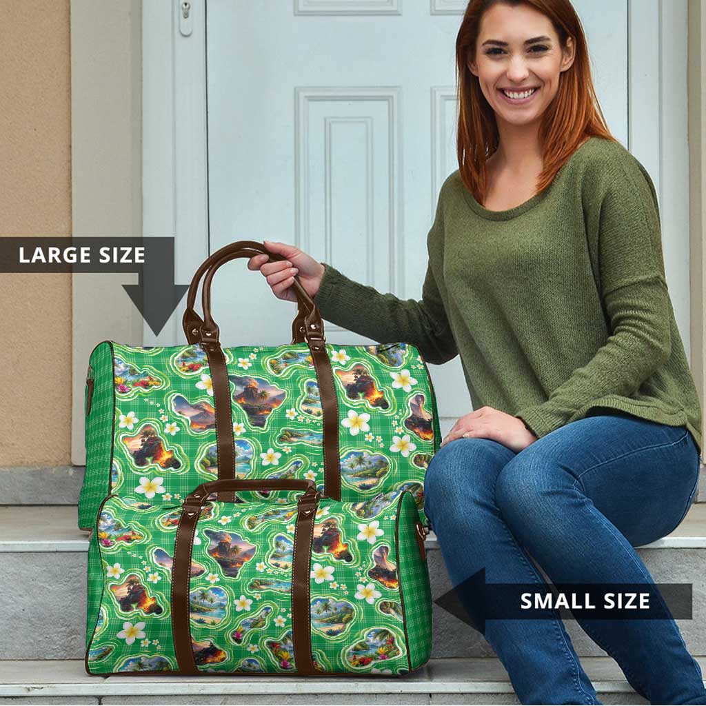 Hawaii Map with Plumeria Flower and Palaka Pattern Travel Bag Tropical Island Green Design LT03 - Polynesian Pride