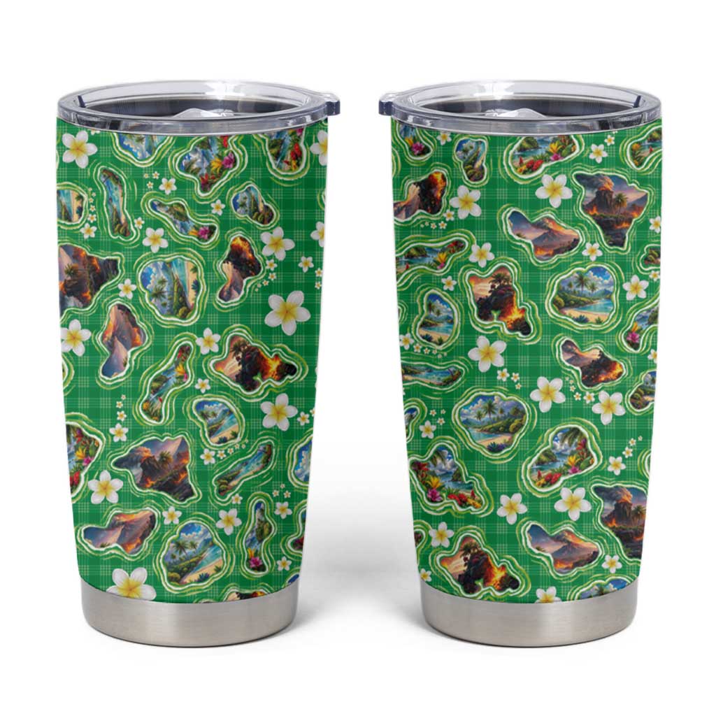 Hawaii Map with Plumeria Flower and Palaka Pattern Tumbler Cup Tropical Island Green Design LT03 Green - Polynesian Pride