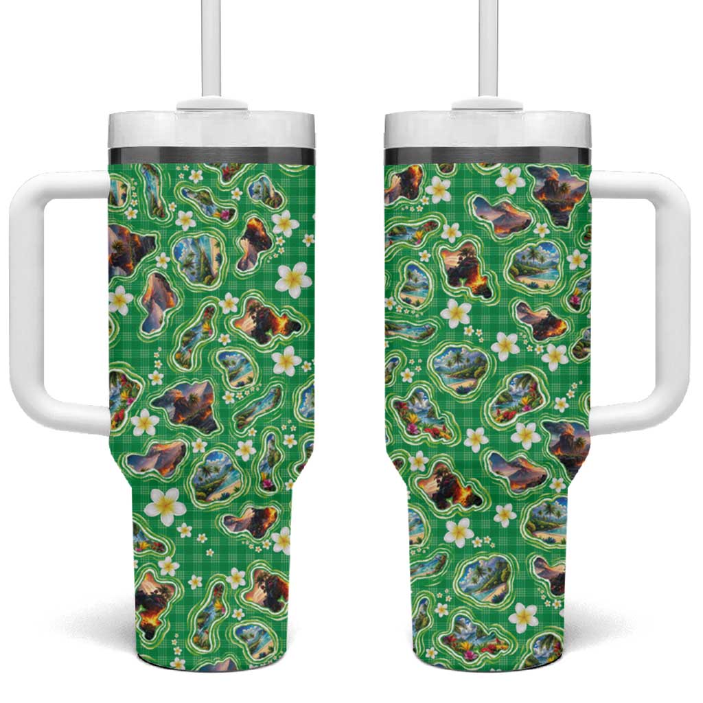 Hawaii Map with Plumeria Flower and Palaka Pattern Tumbler With Handle Tropical Island Green Design