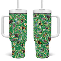 Hawaii Map with Plumeria Flower and Palaka Pattern Tumbler With Handle Tropical Island Green Design
