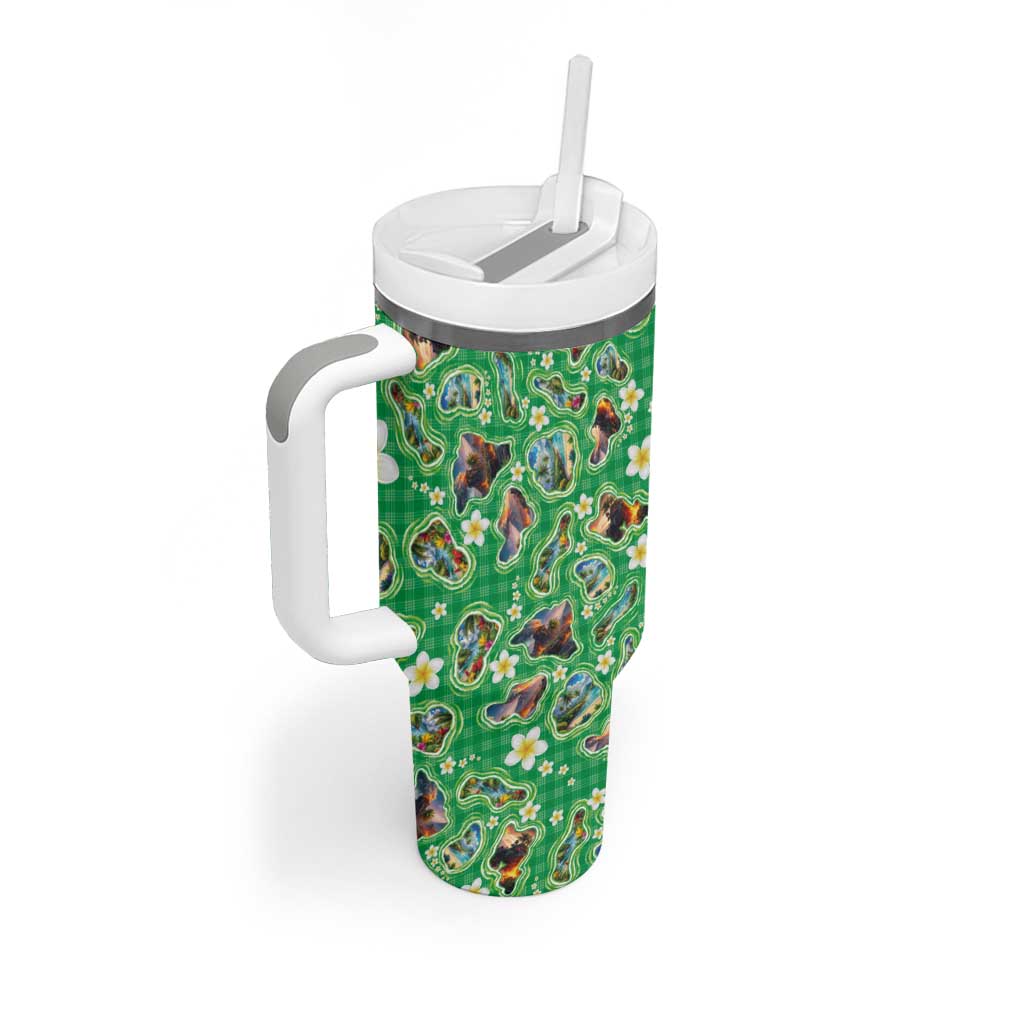 Hawaii Map with Plumeria Flower and Palaka Pattern Tumbler With Handle Tropical Island Green Design
