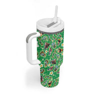 Hawaii Map with Plumeria Flower and Palaka Pattern Tumbler With Handle Tropical Island Green Design