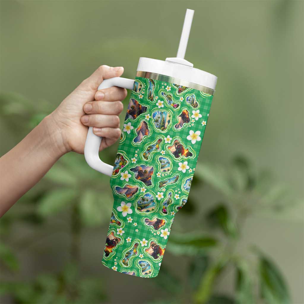 Hawaii Map with Plumeria Flower and Palaka Pattern Tumbler With Handle Tropical Island Green Design