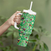 Hawaii Map with Plumeria Flower and Palaka Pattern Tumbler With Handle Tropical Island Green Design