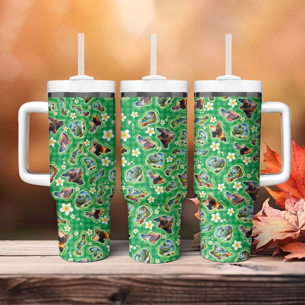 Hawaii Map with Plumeria Flower and Palaka Pattern Tumbler With Handle Tropical Island Green Design