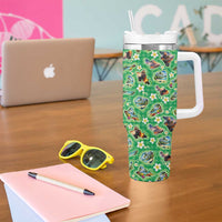 Hawaii Map with Plumeria Flower and Palaka Pattern Tumbler With Handle Tropical Island Green Design