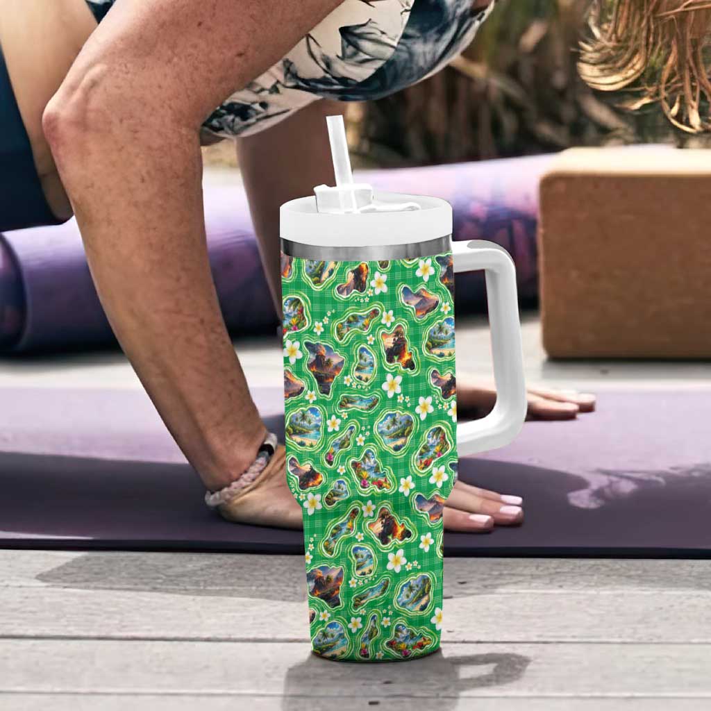 Hawaii Map with Plumeria Flower and Palaka Pattern Tumbler With Handle Tropical Island Green Design
