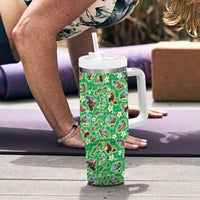 Hawaii Map with Plumeria Flower and Palaka Pattern Tumbler With Handle Tropical Island Green Design