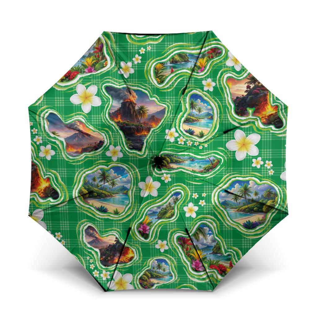 Hawaii Map with Plumeria Flower and Palaka Pattern Umbrella Tropical Island Green Design LT03 One Size Folded 11.42 inch Opened Diameter 37.4 inch Green - Polynesian Pride