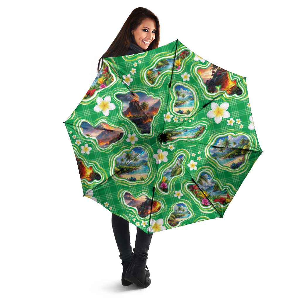 Hawaii Map with Plumeria Flower and Palaka Pattern Umbrella Tropical Island Green Design LT03 - Polynesian Pride