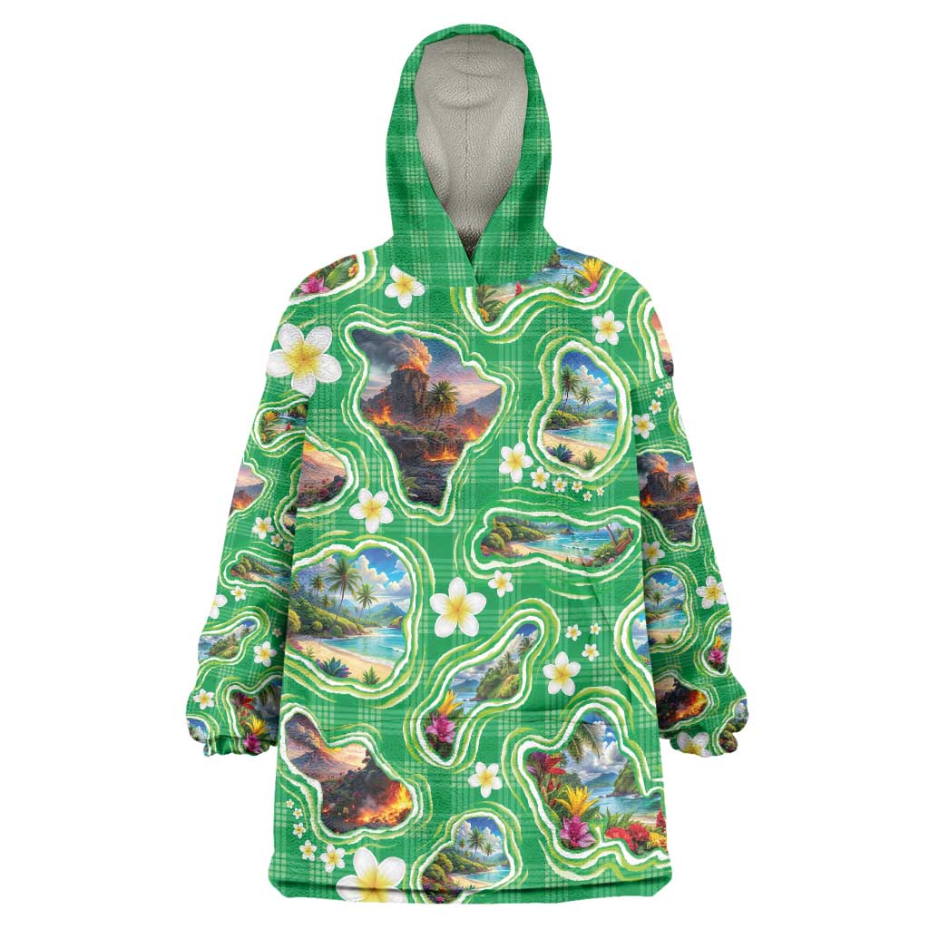 Hawaii Map with Plumeria Flower and Palaka Pattern Wearable Blanket Hoodie Tropical Island Green Design LT03 One Size Green - Polynesian Pride
