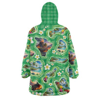 Hawaii Map with Plumeria Flower and Palaka Pattern Wearable Blanket Hoodie Tropical Island Green Design LT03 - Polynesian Pride