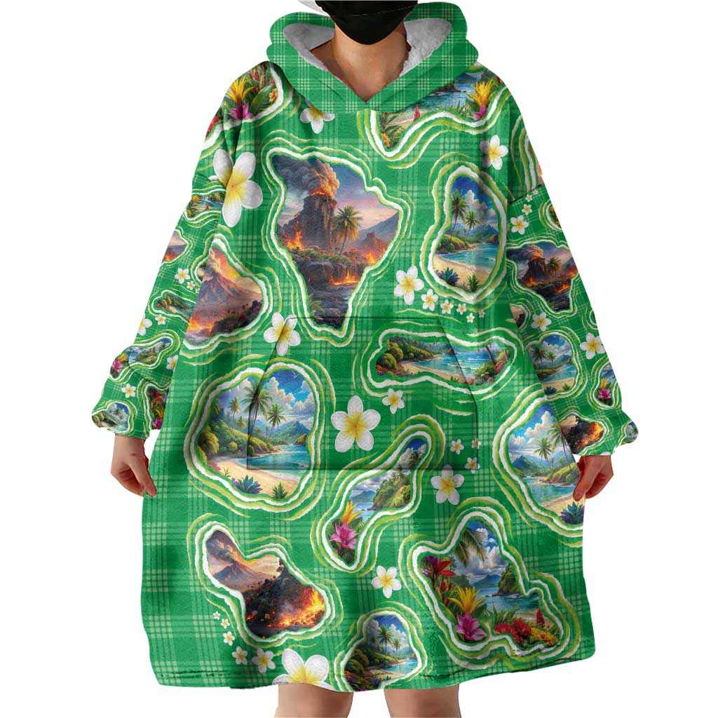 Hawaii Map with Plumeria Flower and Palaka Pattern Wearable Blanket Hoodie Tropical Island Green Design LT03 - Polynesian Pride