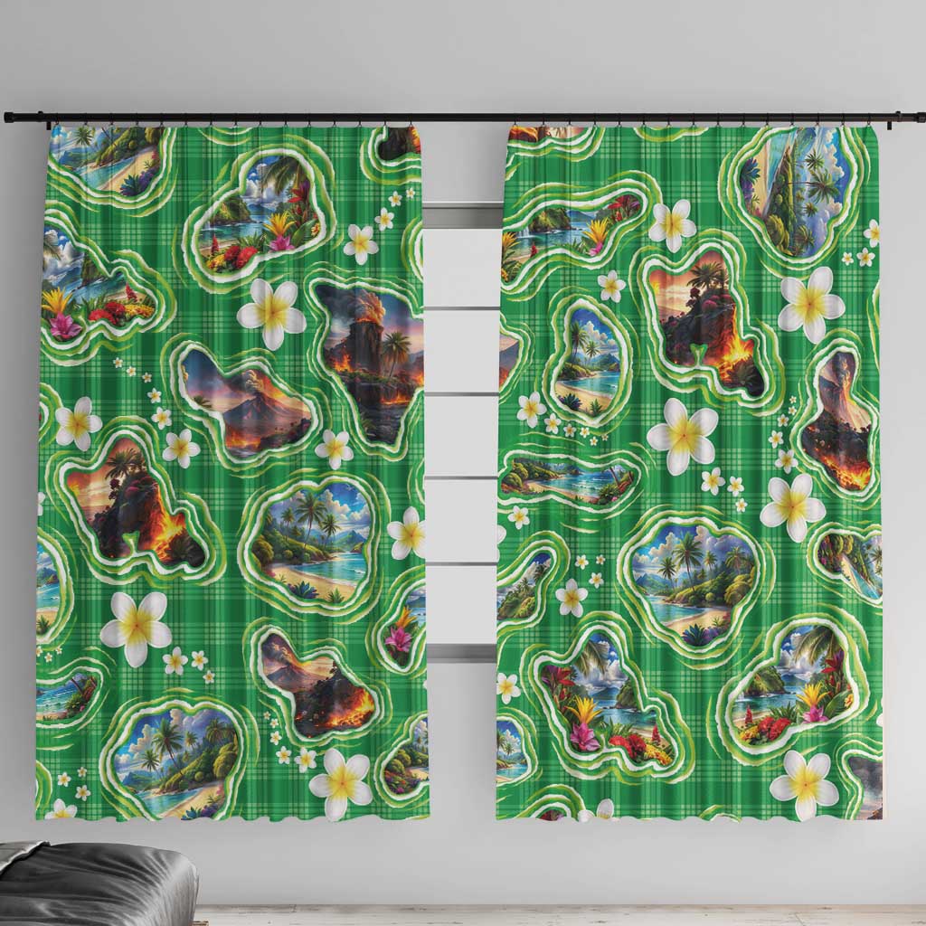 Hawaii Map with Plumeria Flower and Palaka Pattern Window Curtain Tropical Island Green Design LT03 With Hooks Green - Polynesian Pride