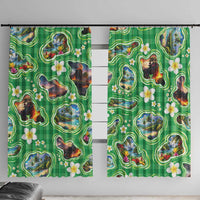 Hawaii Map with Plumeria Flower and Palaka Pattern Window Curtain Tropical Island Green Design LT03 With Hooks Green - Polynesian Pride