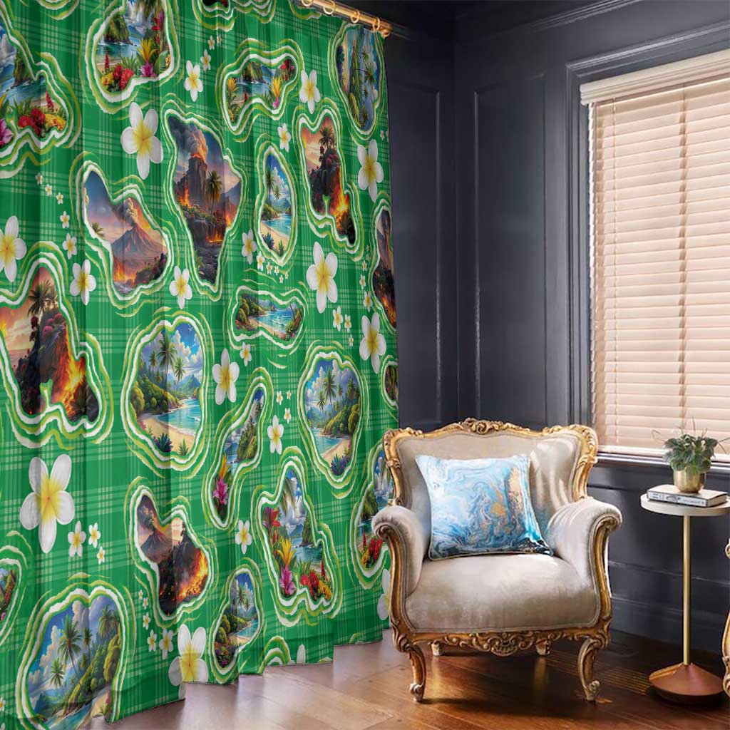Hawaii Map with Plumeria Flower and Palaka Pattern Window Curtain Tropical Island Green Design LT03 - Polynesian Pride