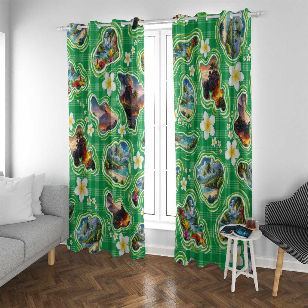 Hawaii Map with Plumeria Flower and Palaka Pattern Window Curtain Tropical Island Green Design LT03 With Grommets Green - Polynesian Pride
